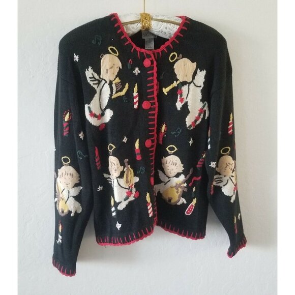 Skyr Women Small Embroidered Ugly Christmas Sweater Cardigan Black Ramie Knitted